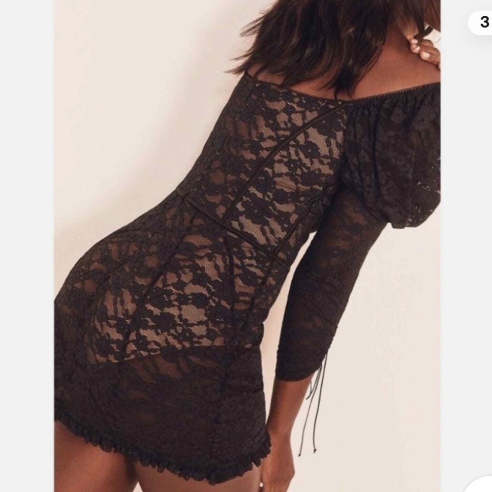 For Love and Lemons Dress Violetta Lace Up Mini Puff Sleeve Black Lace XS - Picture 2 of 8